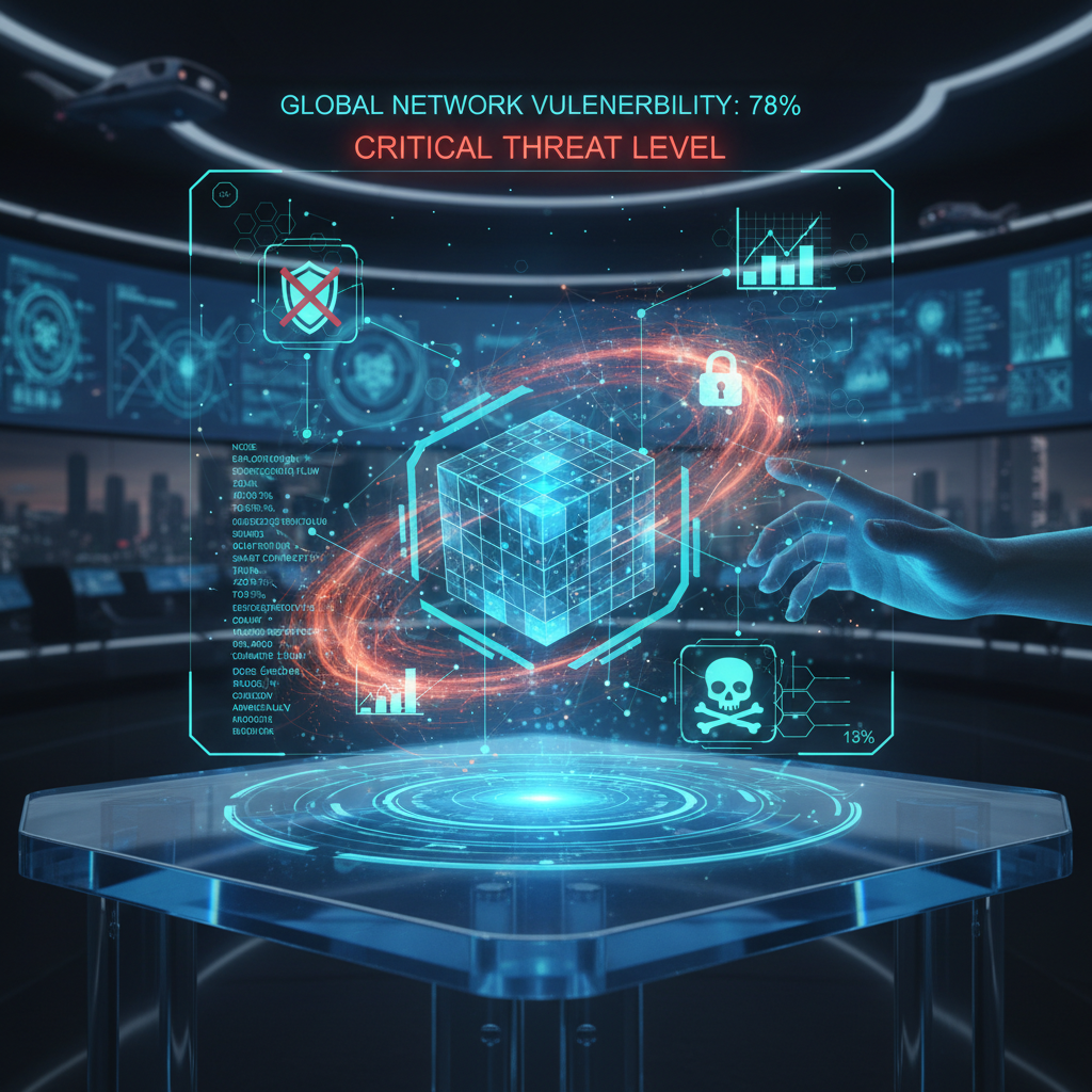 Holographic cybersecurity dashboard displaying GLOBAL NETWORK VULENERBILITY: 78% and CRITICAL THREAT LEVEL.